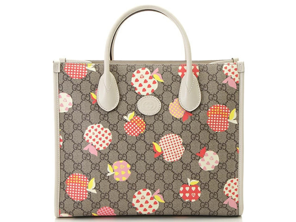 Gucci g Supreme Apple Tote Bag Brown Ivory White Red